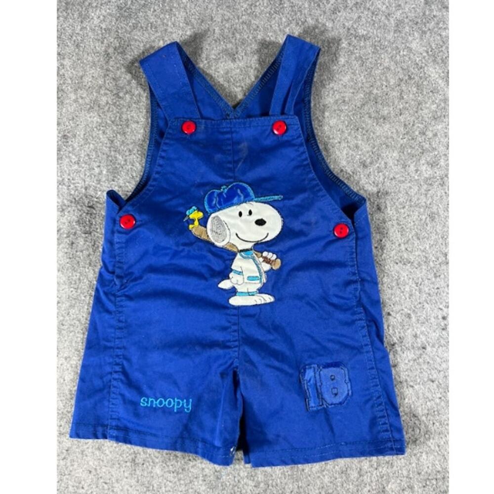 Vintage Y2K Peanuts Snoopy Baseball Shortalls Romper Toddler 2T Blue Kidcore